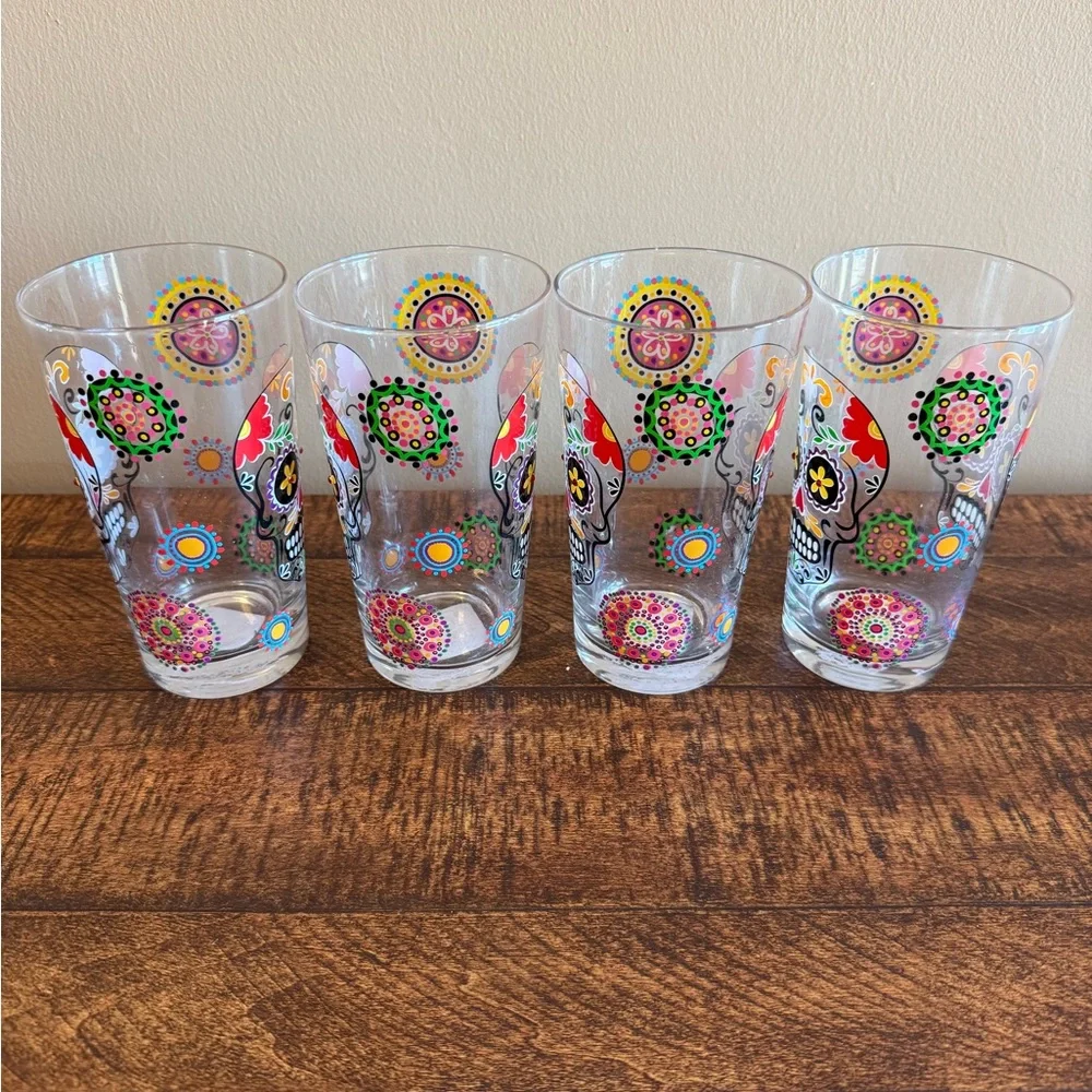 RARE NWT Pier One Sugar Skull Dias de Los Muertos/ Day of the Dead Glasses